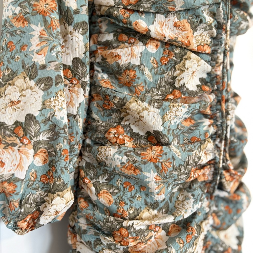 Hello Molly Basque Sage Floral Ruched Mini Dress Size Small - Picture 7 of 14
